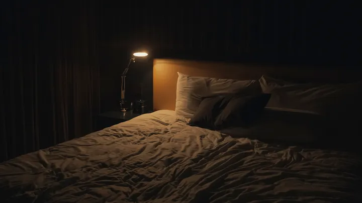 Warm bedside lamp in a dark room, a setting often used for rest during migraine