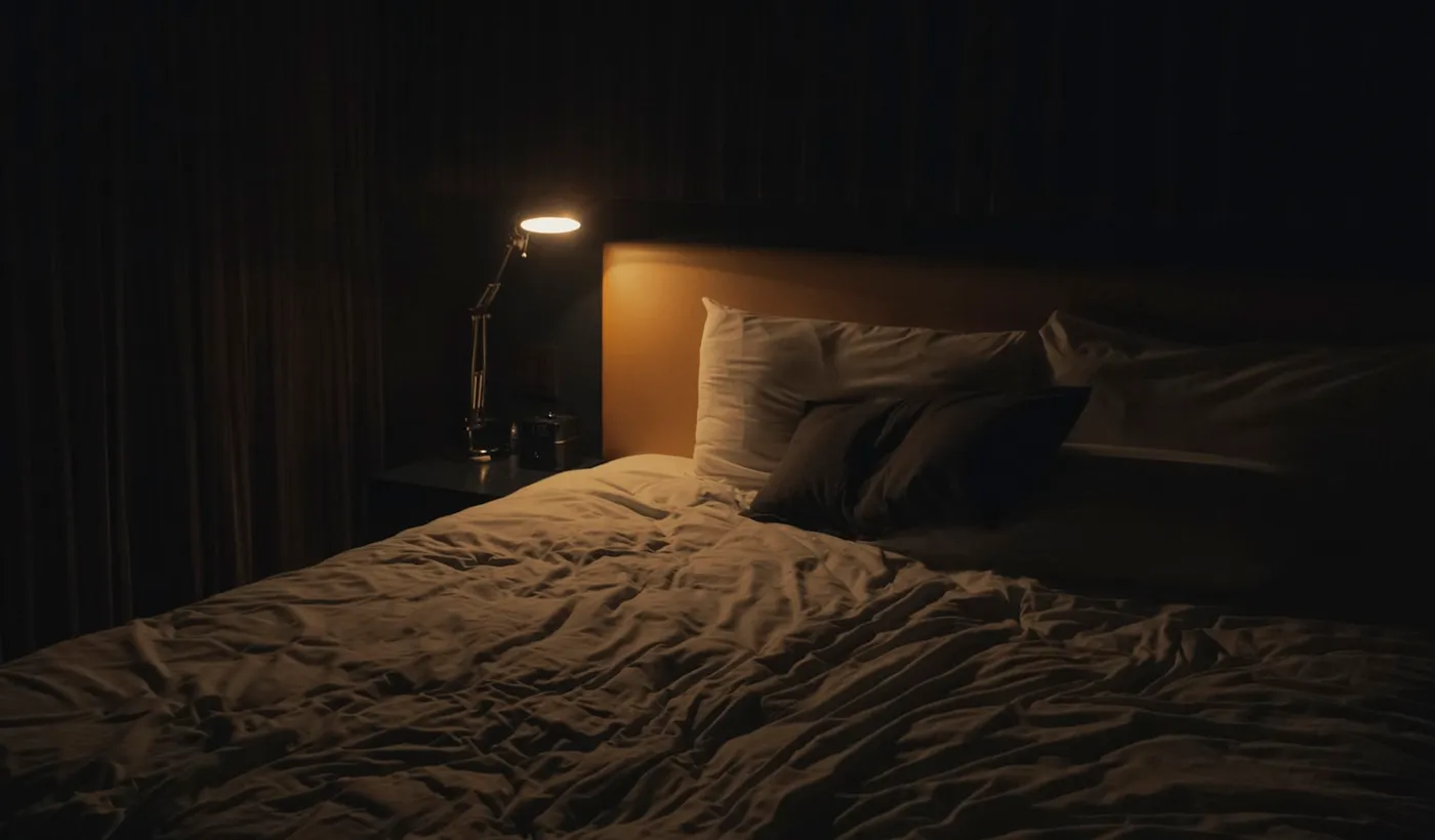 Warm bedside lamp in a dark room, a setting often used for rest during migraine