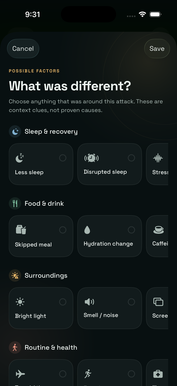 Calmraine possible factors screen for recording context around an attack.