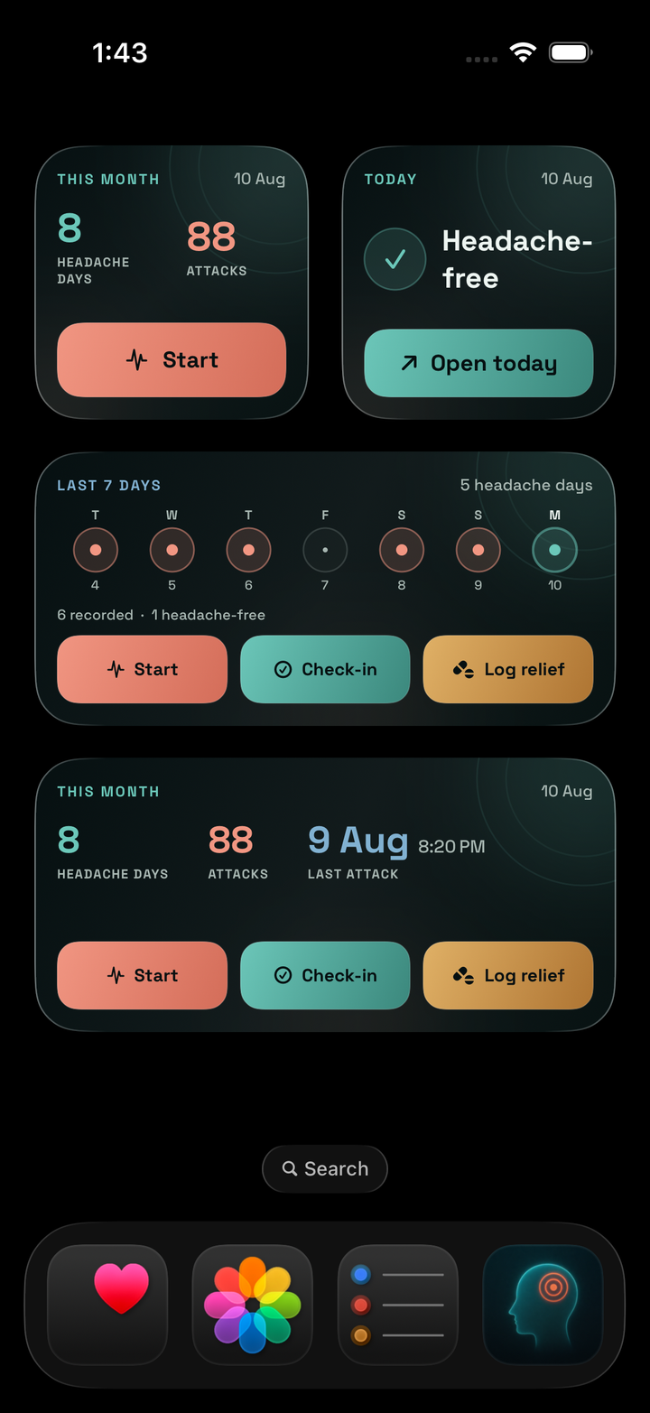 iPhone Home Screen showing Calmraine migraine tracker widgets in multiple sizes.