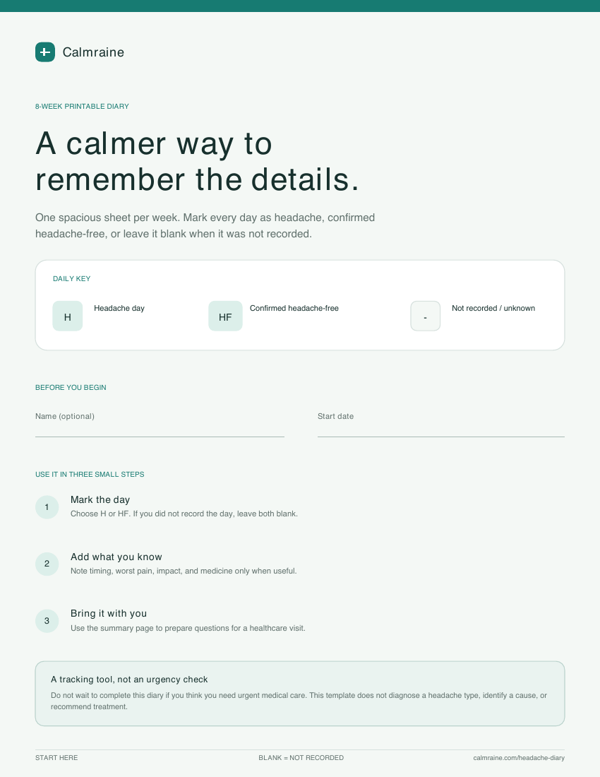 Cover of the Calmraine 8-week printable headache diary