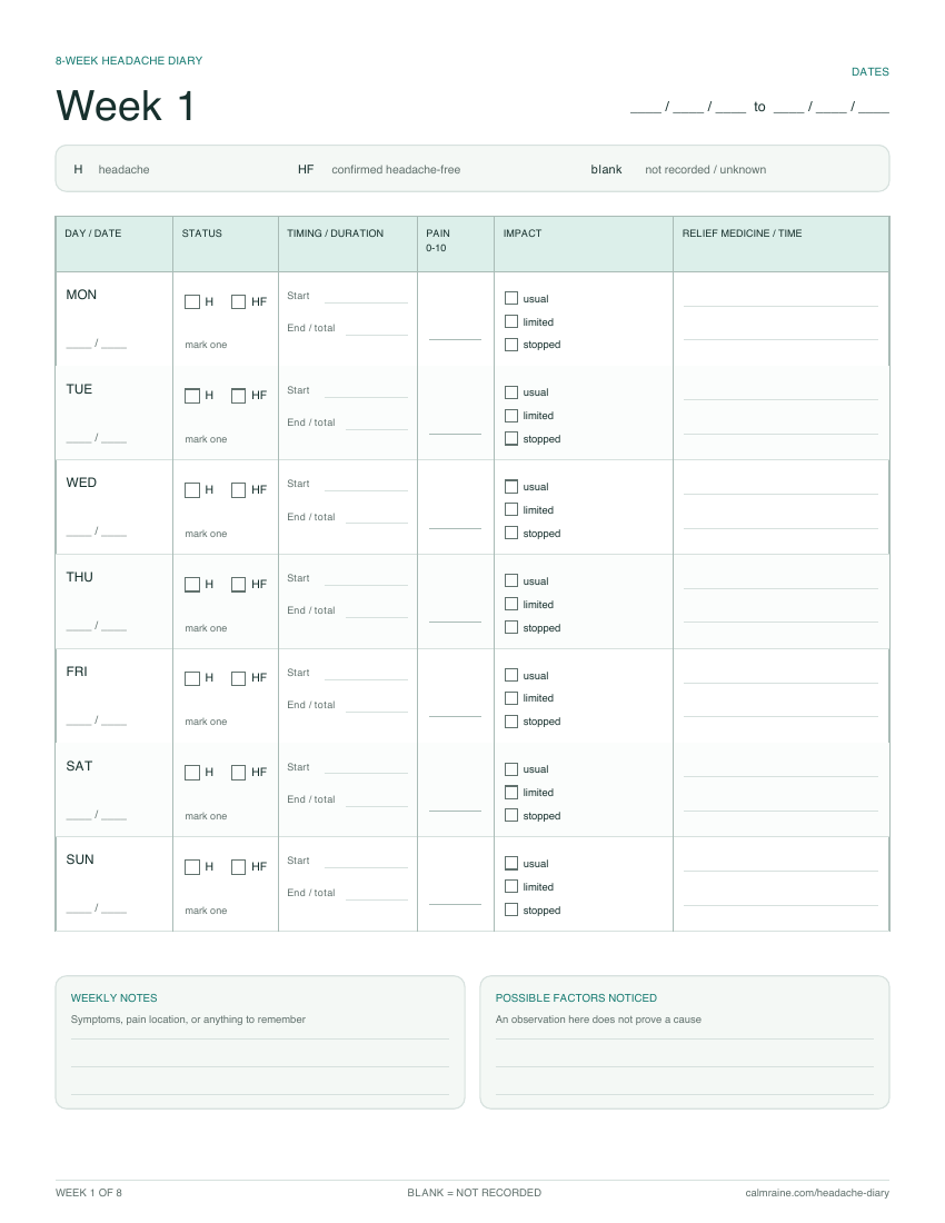 Preview of the redesigned Calmraine weekly headache diary sheet